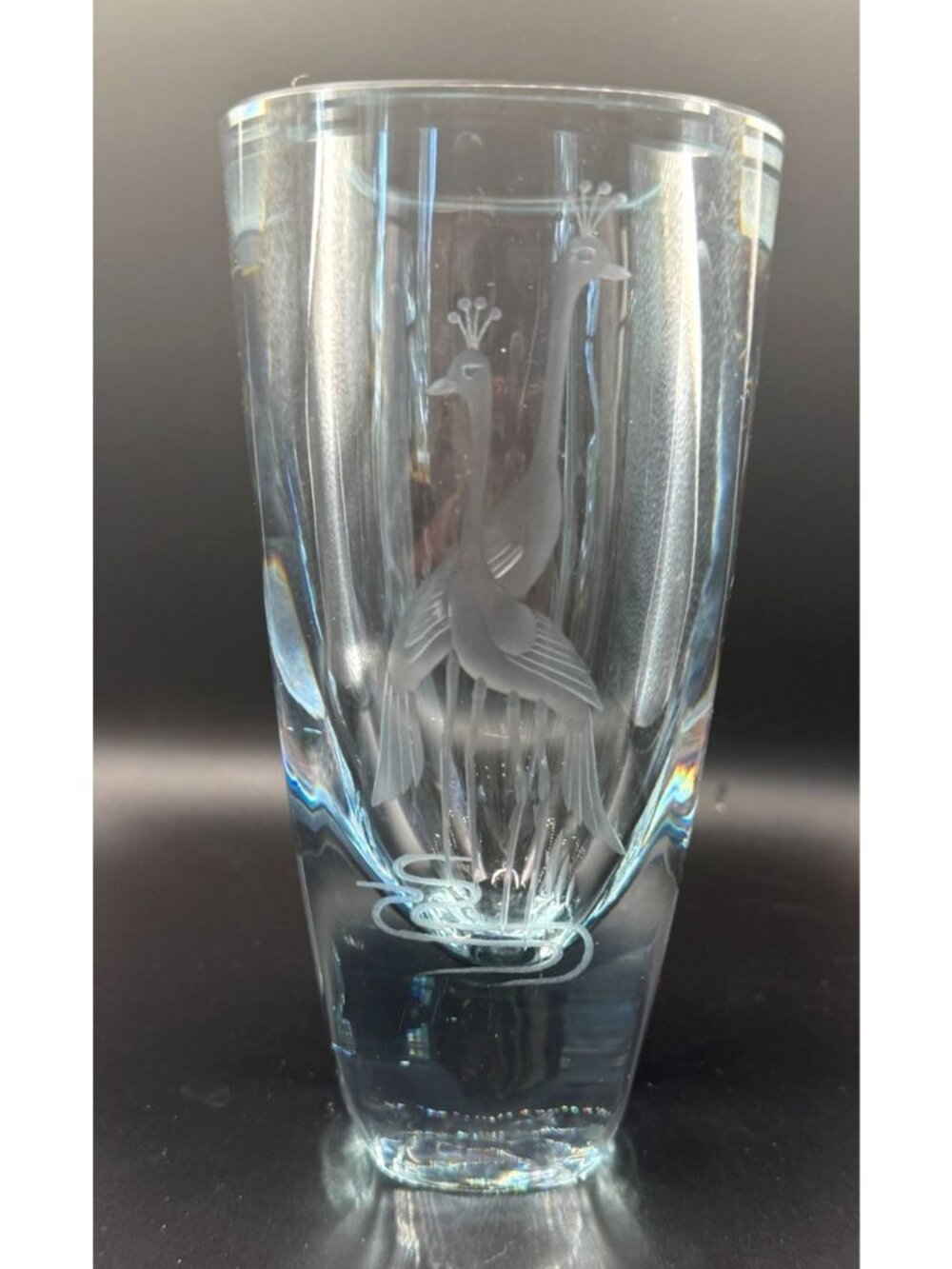 Vintage Strömbergshyttan B702 Swedish Art Glass Vase Engraved Peacocks Signed